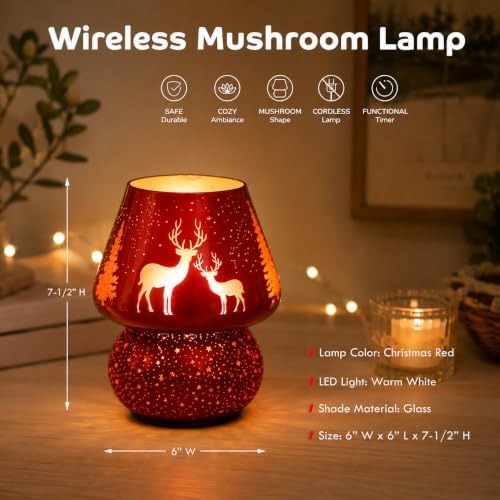 ULAROOM Christmas Battery Operated Mushroom Lamp - Vintage Small Table Lamp with Timer, Cordless Bedside Nightstand Lamp, Glass Battery Powered Lamp for Bedroom Kitchen Living Room Decor Aesthetic - Image 2