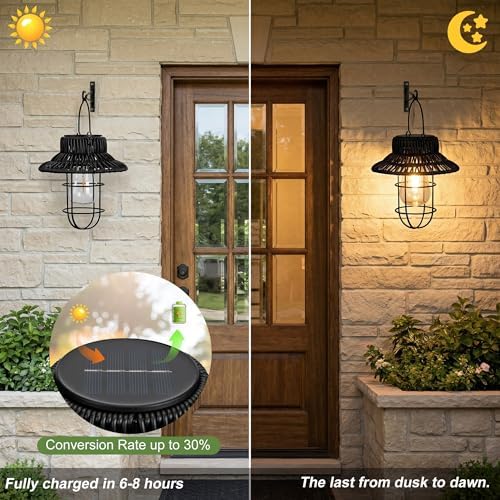 pearlstar Solar Lanterns Outdoor Waterproof Hanging Solar Lights Outside Wall Sconce Lights with Edison Bulbs for Patio Porch Fence Garden Yard Garage Decor&Gifts (2Pack Black Rattan Woven) - Image 2