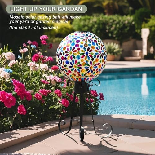 VOREEN Solar Gazing Ball, 10" Mosaic Glass Gazing Globe with Solar Light, Handmade Outdoor Patio Lawn Garden Decor Sphere, Colorful Daisy Design - Image 4