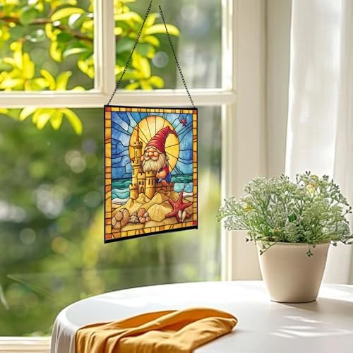 Beach Day Gnome Stained Glass Suncatcher – Square Hanging Window Panel for Home or Greenhouse – Whimsical Glass Art Gift for Garden Lovers, Christmas, Halloween, Father Days G18PX1 - Image 3