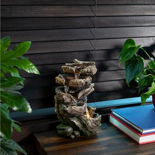 Alpine Corporation WIN1180 11" Indoor Tabletop Waterfall Fountain with LED Lights, 5 Tier Rainforest Garden Fountain, Brown - Image 2