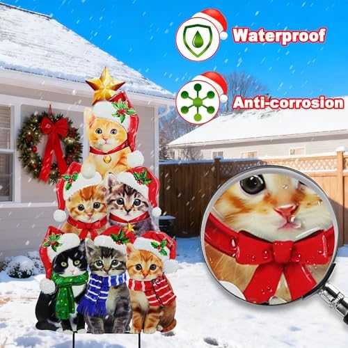 Cat Christmas Garden Stakes 30in Metal Santa Hat Stacking Yard Decor - Image 4