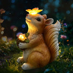 Solar Squirrel Garden Decor with Glowing Butterfly & Flower Outdoor Statue by Unknown