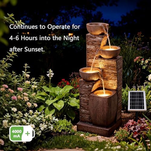Solar Water Fountain Outdoor Garden 4 Tiers Stone Texture Modern Fountains - Image 4