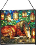 Bay Miniature Horse Curled Near Garden Lanterns Square Suncatcher – Stained Glass Style Window Panel with Pastoral Scene, Custom Decorative Hanging Art for Equestrian Home, Christmas GgGXzA by Custom