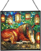 Bay Miniature Horse Curled Near Garden Lanterns Square Suncatcher – Stained Glass Style Window Panel with Pastoral Scene, Custom Decorative Hanging Art for Equestrian Home, Christmas GgGXzA by Custom