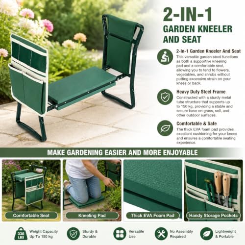 Garden Kneeler and Seat with Tool Pouches Foldable Gardening Stool Heavy Duty Steel Frame EVA Foam Pad Knee Protection for Outdoor Yard Lawn 60 x 28 x 49 cm - Image 4