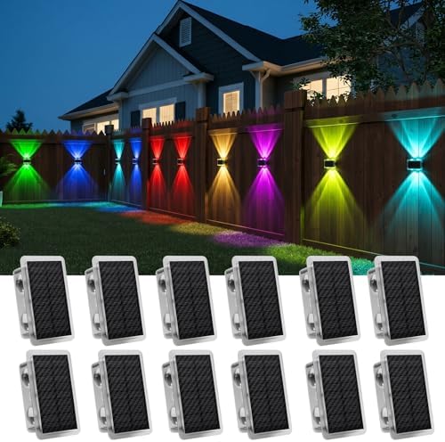 Solar Fence Lights Outdoor Waterproof LED, New Up Down Glow Wall lights Solar Powered with 8 Modes 6 Color Changing Warm White & RGB Cycling, Solar Patio Light for Backyard Railing Deck Decor-12 Pack by AUDLES