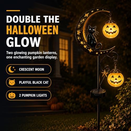 Halloween Solar Garden Stake Light Outdoor Halloween Decorations with Crescent Moon Black Cat Glowing Pumpkin Lantern Waterproof Metal Yard Decor Auto On/Off for Garden Lawn Pathway and Porch - Image 6