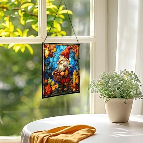 Gnome with Acorn Basket Stained Glass Suncatcher – Square Hanging Window Panel for Home or Greenhouse – Whimsical Glass Art Gift for Garden Lovers, Christmas, Halloween, Father Days XSKOKa - Image 3
