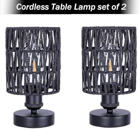 Cordless Rechargeable Outdoor Table Lamps, Battery Operated Table Lamp, Stepless Dimmable for Patio, Living Room, and Bedroom (Bulb Included) - Set of 2 (Black) - Image 2