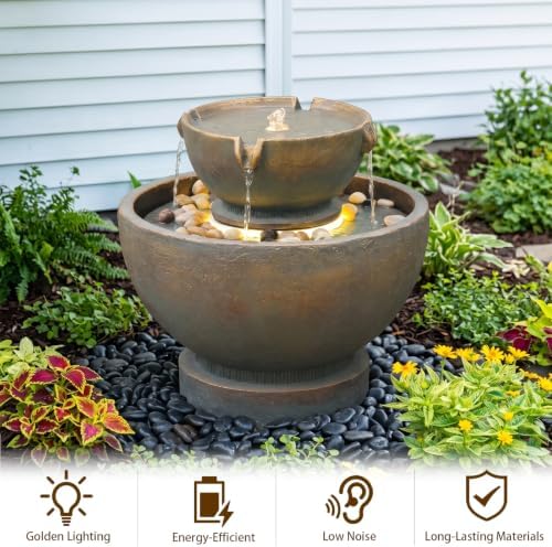 Sunlinua Small Modern Outdoor Water Fountain with Led Lights Tiered Cascading Waterfall Feature Water Fountain for Patio Garden Backyard Decking Home and Indoor Décor Gray - Image 6
