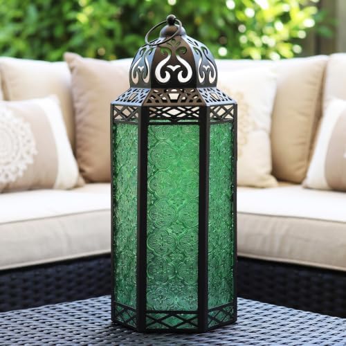 Vela Lanterns Decorative Indoor Candle Holder Table Centerpieces - Moroccan Hanging Outdoor Patio & Porch Home Decor, Turkish Floor Lamp for Wedding, Ramadan (Extra Large 16", Green Glass) - Image 2