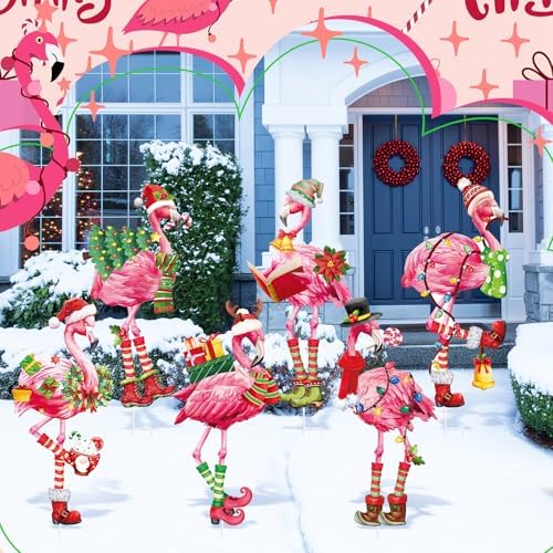MorningRo 6 Pack Metal Christmas Flamingo Yard Decorations Sturdy Weatherproof Pink Flamingo Yard Stakes for Christmas Event Decoration Outdoor Yard Garden Holiday Winter Decor - Image 4