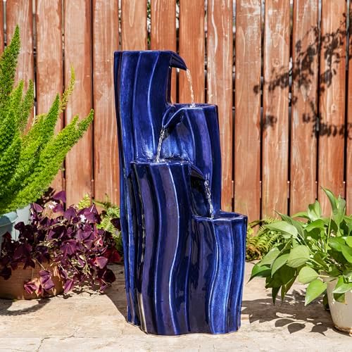 Glitzhome 30" Tall Outdoor Water Fountain with LED Light, Pump & Adapter, 4-Tier Cobalt Blue Wavy Texture Ceramic Cascading Garden Fountains Waterfalls for Porch Deck Patio Backyard - Image 5