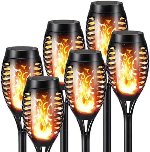 Solar Halloween Lights Outdoor, 6 Pack LED Torch Lights Flickering Flame, Waterproof Tiki Torches for Outside Landscape Decoration Lighting for Lawn, Yard, Halloween Decorations (Warm White-6 Pack) by Unknown