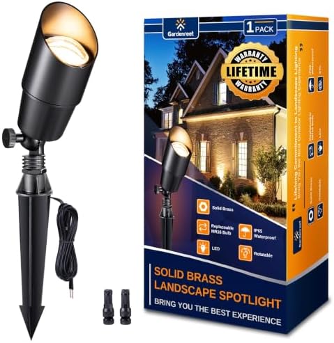 Gardenreet Landscape Spotlights Low Voltage - Brass Outdoor Uplight LED 12V, Wired Spot Lights IP65 Waterproof, Black for Exterior Garden Yard Tree House Without MR16 Bulb by Gardenreet
