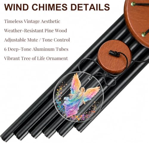 Angel Wind Chimes for Outside, Deep Tone Outdoor Wind Chime with Colorful Wind Catcher, 6 Aluminum Tubes, Garden Porch Patio Decor, Memorial & Birthday Gift - Image 4