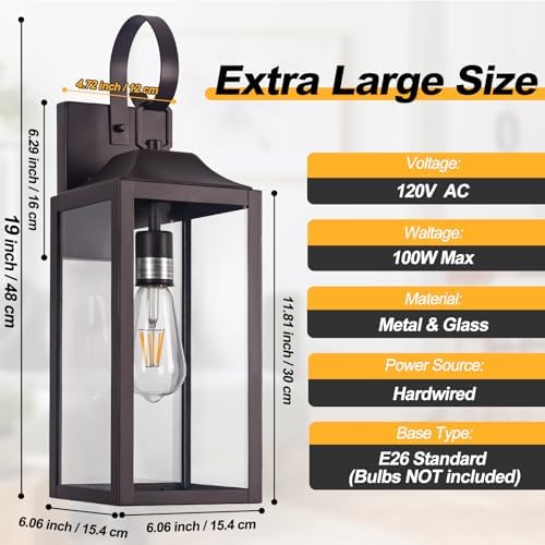 19" Large Outdoor Wall Lantern Porch Light Outdoor Bronze 2 Pack - Image 5