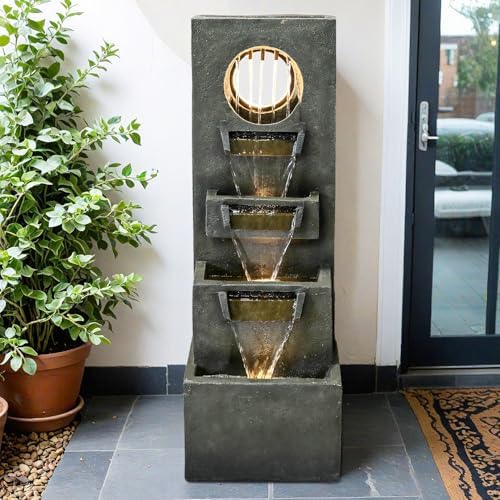 SunJet 39.3" Modern Cascading Indoor/Outdoor Fountains and Waterfalls with LED Lights - 4-Tier Larger Water Fountain for Garden, Patio, Yard, and Deck Decor - Relaxing Water Fountain Outdoor by SunJet