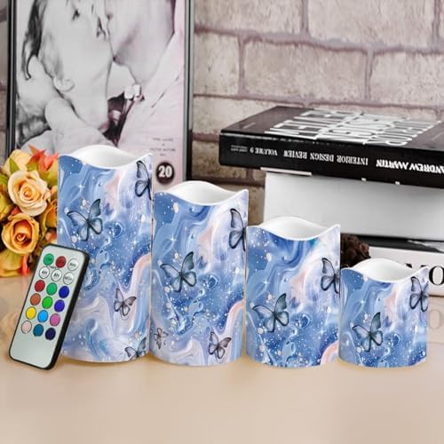 Blue Marble Butterfly Flickering Flameless Candles Battery Operated Candles Set of 4 with Remote Control Timer Color Changing Pillar Candles Bulk Tea Lights Home Table Kitchen Decoration - Image 4