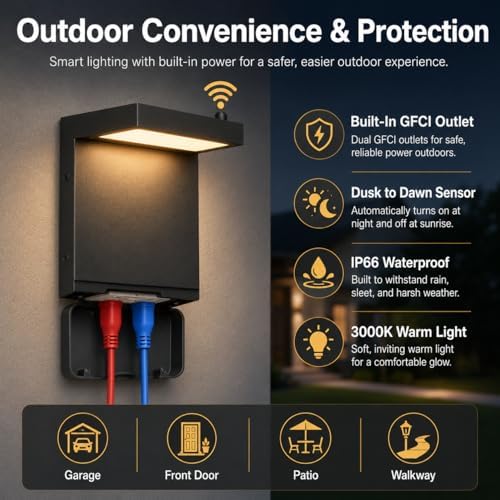 Nigaut 10W LED Outdoor Porch Light with GFCI Outlet, Dusk to Dawn, IP66 - Image 2