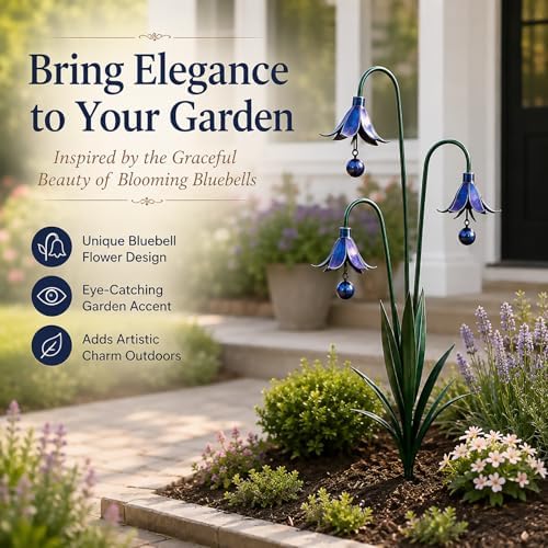Triple Bluebells Garden Stake、Metal Garden Stake、Wind Chimes Yard Decor、Flamed Copper Decor、Rustic Farmhouse、Outdoor Lawn Patio Decor、Garden Gifts for Gardeners (1pcs Blue) - Image 2