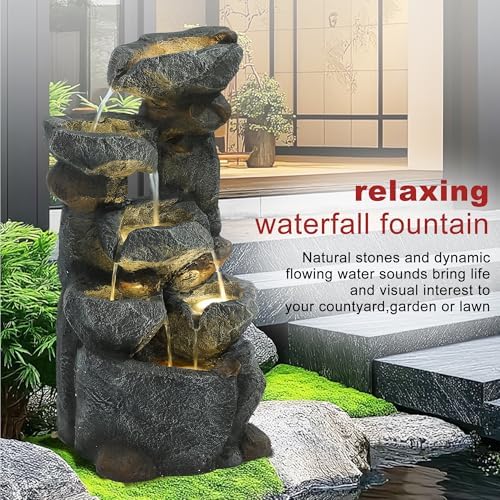 6-Tiers Cascading Outdoor Water Fountain with 6 LED Lights, Garden Fountain with Waterfalls for Home Garden, Patio, Porch and Backyard Art Decor, Natural Stone, Soothing Sound, Gray - Image 2