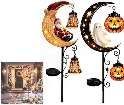 Solar Halloween Black Cat & Pumpkin Moon Garden Stake Light,2-in-1 Waterproof Outdoor LED Yard Decor with Hanging Lantern,Auto Dusk-to-Dawn Lawn Ornament for Pathway,Patio, Walkway (Color-R-2PCS) by HZSprance