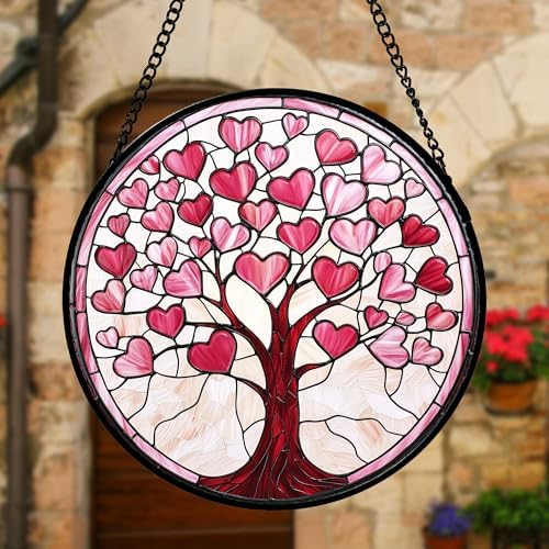 Pink Heart Tree Stained Glass Window Hanging Suncatcher Gifts Decor 9.8" - Image 4
