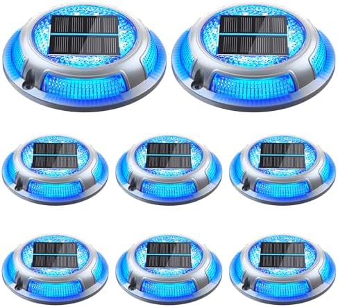 Solar Driveway Lights, 8 Pack Heavy Duty Driveway Lights Solar Powered 2 Color Mode (Cool White/Blue) IP68 Waterproof Outdoor Solar Deck Lights with Ground Stake for Pathway Garden Yard Walkway Dock by NIBUUECER