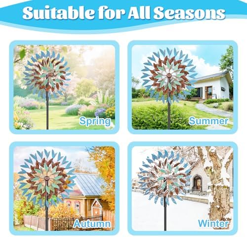 Wind Spinner Kinetic Wind Sculpture, 18.5" W x 78.7" H Large Metal Outdoor Windmill with 5‑Prong Stable Base, 360° Rotatable 6 Blades 3‑Tier Wind Catcher Yard Art Decor for Patio Lawn Garden Backyard - Image 4