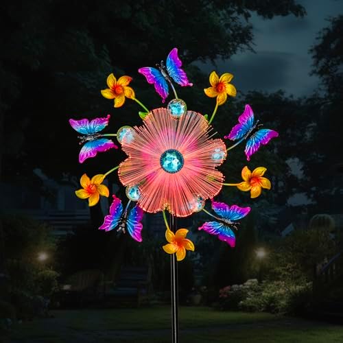 44" Butterfly Wind Spinners Garden Stake, Solar Flower Butterfly Wind Sculpture Yard Art Decorations for Lawn, Patio & Yard & Garden Decor, Metal Whirligigs Wind Spinners Outdoor Decor - Image 3