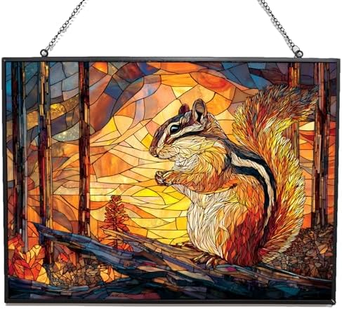 Personalized Rectangle Mosaic Chipmunk with Pinecone Stained Glass Suncatcher Window Hanging, Gothic Christmas Ornaments for Fiction Lovers, Dinosaur Room Decor for Nursery New Home Gifts by HYPESTYLE