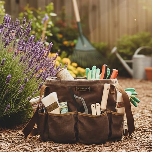 Waxed Canvas Garden Organizer Bag - Waterproof Bucket Tool Bag Portable with Side Pockets, Portable Gardening Tote for Lawn/Yard | Grey - Image 4
