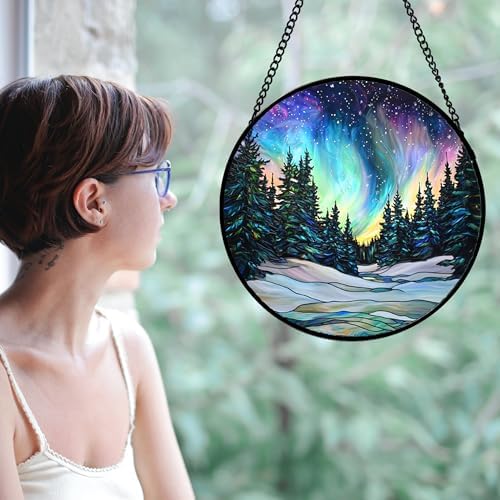 Aurora Landscape Stained Glass Window Hanging Suncatcher Xmas Gifts 15" - Image 4