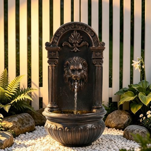 31" H Lion Head Wall Fountain, Outdoor Resin Fountain, Bronze by FammyLoft
