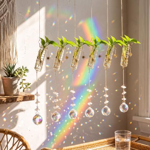 6 Pcs Plant Propagation Station Colorful Crystal Suncatcher, Handmade Boho Rooting Vase, Hanging Window Plant Propagator Stations Suncatcher with Chain Pendant Ornament Balls (Flower) - Image 5