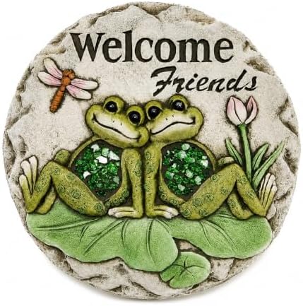 Comfy Hour Frog Stepping Stone for Garden, 10 Inch Concrete Welcome Friends Decorative Plaque, Green and Grey Outdoor Garden Path Stone with Lily Pad and Dragonfly Accent by ComfyHour