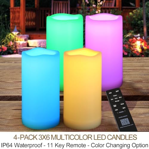 4-Pack Multicolor 3x6 Outdoor LED Pillar Candles with Timer and Remote - IP64 Waterproof Color Changing LED Pillar Candles - Battery Operated Flickering Flameless Candle Unscented - Image 2