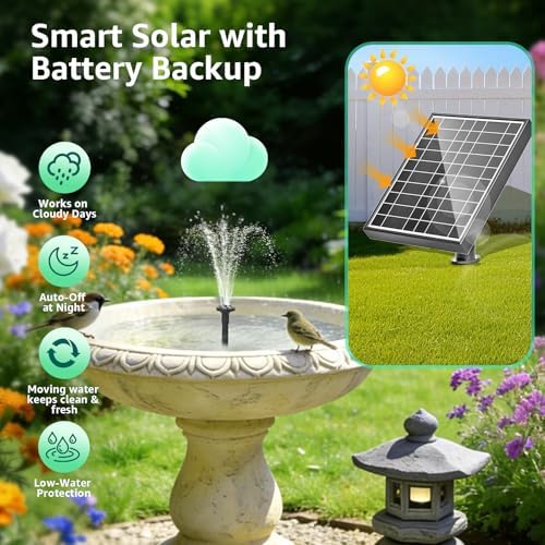 Solar Fountain Pump with Battery Backup, 8.5W Solar Water Pump Built-in 3200mAh Battery, Dual-Layer Nozzles 7+ Spray Modes & 5Ft PVC Tubing, Pond Fountain for Bird Bath Garden Water Feature - Image 3