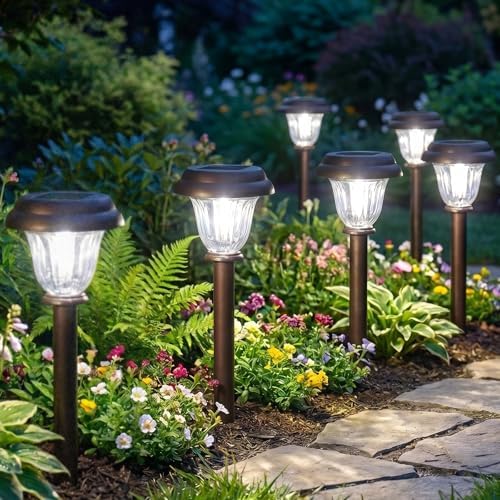 DERAYSION 8 Pack Solar Lights Outdoor Pathway, Stainless Steel Glass Solar Garden Lights, Auto On/Off Long-Lasting Waterproof Outdoor Solar Lights for Yard, Landscape, Path, Driveway, Walkway Décor by DERAYSIONSolarLighting