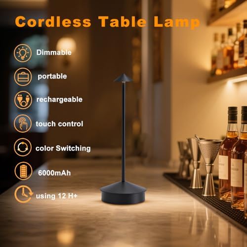2 Pack Aluminum Cordless Table Lamp, 6000mAh Rechargeable Table Lamps, Portable Touch LED Lamp, Outdoor Waterproof Dimmable Cordless Rechargeable Table Lamps for Restaurant/Patio- Black (Black) - Image 3