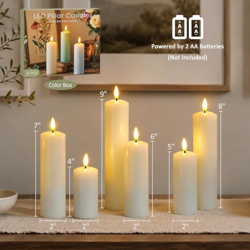 Pack of 9 Real Wax Pillars Flameless Candles with Remote, 400H Battery Operated Flickering LED 3D-Wick Warm Lights, 2/4/6/8H Timer for Home Decor(2" x 4" 4" 5" 5" 6" 6" 7" 8" 9" Ivory) - Image 4