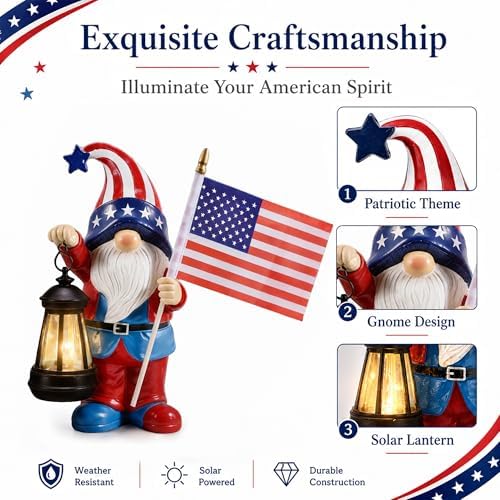 Nacome Solar Patriotic Gnomes Statues with Flag for Garden Decor - Image 3