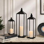 LED Lanterns Decorative Indoor&Outdoor, 23’’ 19’’ 13’’ Large Black Candle Lanterns Set with 3 Flameless Candles, Metal Holders for Porch, Patio, Garden, Home, Fireplace, Decorations Decor by DECORKEY