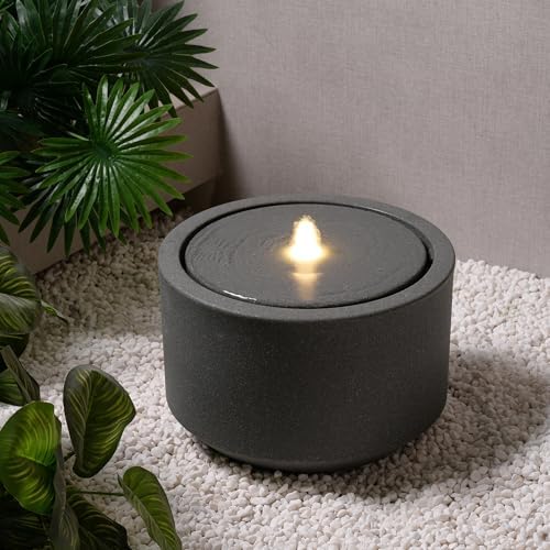 10.23” H Outdoor Water Fountain Made with Eco-Friendly Recyclable Materials, Polyethylene Round Bubbler Water Fountain Outdoor, Garden Decor with LED Light for Patio, Porch, Backyard by PUULYE