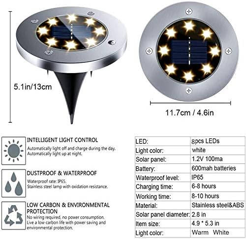 Solar Ground Lights - 8 LED Garden Lights Outdoor, Disk Lights Waterproof In-Ground Landscape Lighting for Lawn Patio Pathway Yard Driveway Deck Walkway Flood Light (Warm White) - Image 3