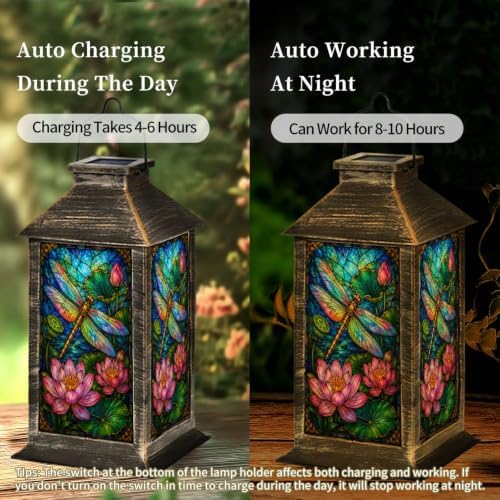 Solar Lantern Vibrant Stained Glass Outdoor Waterproof Garden Hanging Lantern Solar Powered Lighting Outside Solar Light for Patio Yard Camping, Gifts for Women Mom - Image 4