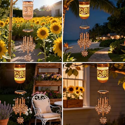 2 Pack Sunflower Solar Wind Chimes for Outside, Gifts for Mom Women Grandma Birthday Memorial Teacher, 32" Windchimes Outdoor Decor Hanging Solar Lantern for Garden Porch Patio Backyard - Image 6